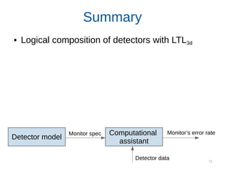 71
Summary
● Logical composition of detectors with LTL3d
Probabilistic estimation of error rates
Rule-based computational assistant
Accuracy on par with data-driven estimates
While using cheaper data & scalable analysis
Preferred when little or no data available
Computational
assistant
Detector model
Monitor’s error rate
Detector data
Monitor spec
 