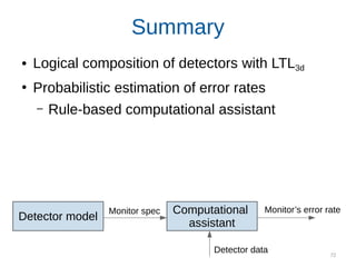 72
Summary
● Logical composition of detectors with LTL3d
●
Probabilistic estimation of error rates
– Rule-based computational assistant
Accuracy on par with data-driven estimates
While using cheaper data & scalable analysis
Preferred when little or no data available
Computational
assistant
Detector model
Monitor’s error rate
Detector data
Monitor spec
 
