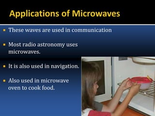  These waves are used in communication
 Most radio astronomy uses
microwaves.
 It is also used in navigation.
 Also used in microwave
oven to cook food.
 