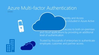 A stand-alone Azure Identity and Access
management service also included in Azure Active
Directory Premium
Prevents unauthorized access to both on-premises
and cloud applications by providing an additional
level of authentication
Trusted by thousands of enterprises to authenticate
employee, customer, and partner access.
Azure Multi-factor Authentication
DEMO
 