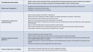 Conditional access policy
• Ability to restrict access to SharePoint Online (includes OneDrive for Business) based upon device enrollment and compliance
• Ability to restrict access to Exchange on-premises for Exchange ActiveSync clients on Android devices
Mobile app management
• Management of the Office Mobile app (access, view, and edit Word, Excel, and PowerPoint documents) for Android phones
• Management of OneNote and OneDrive apps
• Management of Work Folders app for iOS devices
Configuration policies and
resource access
• Ability to require encryption on Windows 8.1 (x86) devices
• Ability to set minimum classification of platform updates to be installed automatically on Windows 8.1 (x86) devices
• Ability to restrict the number of devices a user can enroll in Intune
• Support for Cisco AnyConnect per-app VPN configurations for iOS devices
• Deployment of WiFi profiles for Windows devices using XML import and Windows Phone devices using OMA-URI (currently supported for
iOS and Android)
• Ability to create WiFi profiles with pre-shared keys (PSK) for Android devices
• Ability to resolve certificate chains on Android devices without the need to deploy each intermediate certificate individually
• Ability to deploy .appx files and .appx bundles to Windows Phone 8.1 devices
Ongoing support for device
platforms
• Support for Apple Device Enrollment Program (DEP)
• Ability to browse and install apps on Windows Phone 8.1 devices using Intune Company Portal website
• Ability to manage Windows Defender on Windows 10 PCs running Windows 10 Technical Preview without need for separate Microsoft
Intune Endpoint Protection agent to be installed
• Combined Microsoft Intune Company Portal websites for PCs and mobile devices to provide a more consistent user experience across
platforms
• Enhanced user interface for overview pages within Intune admin console
Hybrid configuration (ConfigMgr)
• Restrict access to Exchange Online email only if device is managed and compliant
• Ability to create custom WiFi profiles with pre-shared keys (PSK) for Android devices
 