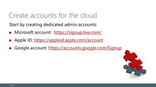 Create accounts for the cloud
Start by creating dedicated admin accounts:
Microsoft account: https://signup.live.com/
Apple ID: https://appleid.apple.com/account
Google account: https://accounts.google.com/Signup
© EG A/S 17
 