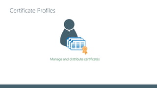 Certificate Profiles
Manage and distribute certificates
Deploy trusted root certificates
Support for Simple Certificate Enrollment Protocol (SCEP)
 
