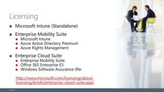 Licensing
Microsoft Intune (Standalone)
Enterprise Mobility Suite
Microsoft Intune
Azure Active Directory Premium
Azure Rights Management
Enterprise Cloud Suite
Enterprise Mobility Suite
Office 365 Enterprise E3
Windows Software Assurance (Per
http://www.microsoft.com/licensing/about-
licensing/briefs/enterprise-cloud-suite.aspx
© EG A/S 9
 