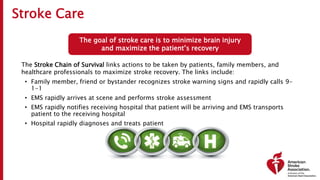 Stroke Care
The goal of stroke care is to minimize brain injury
and maximize the patient’s recovery
The Stroke Chain of Survival links actions to be taken by patients, family members, and
healthcare professionals to maximize stroke recovery. The links include:
• Family member, friend or bystander recognizes stroke warning signs and rapidly calls 9-
1-1
• EMS rapidly arrives at scene and performs stroke assessment
• EMS rapidly notifies receiving hospital that patient will be arriving and EMS transports
patient to the receiving hospital
• Hospital rapidly diagnoses and treats patient
 