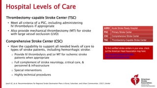 Hospital Levels of Care
Thrombectomy-capable Stroke Center (TSC)
• Meet all criteria of a PSC, including administering
IV thrombolysis if appropriate
• Also provide mechanical thrombectomy (MT) for stroke
with large vessel occlusion (LVO)
Comprehensive Stroke Center (CSC)
• Have the capability to support all needed levels of care to
types of stroke patients, including hemorrhagic stroke:
o Provide IV thrombolysis and/or MT for ischemic stroke
patients when appropriate
o Full complement of stroke neurology, critical care, &
personnel & infrastructure
o Special interventions
o Highly technical procedures
ASRH Acute Stroke Ready Hospital
PSC Primary Stroke Center
CSC Comprehensive Stroke Center
TSC Thrombectomy-Capable Stroke Center
To find certified stroke centers in your area, check
out the American Heart Association map here:
heart.org/en/professional/quality-
improvement/hospital-maps
Jauch EC, et al. Recommendations for Regional Stroke Destination Plans in Rural, Suburban, and Urban Communities. (2021) Stroke
 