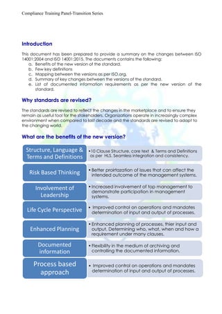 Compliance Training Panel-Transition Series
Introduction
This document has been prepared to provide a summary on the changes between ISO
14001:2004 and ISO 14001:2015. The documents contains the following:
a. Benefits of the new version of the standard.
b. Few key definitions
c. Mapping between the versions as per ISO.org.
d. Summary of key changes between the versions of the standard.
e. List of documented information requirements as per the new version of the
standard.
Why standards are revised?
The standards are revised to reflect the changes in the marketplace and to ensure they
remain as useful tool for the stakeholders. Organizations operate in increasingly complex
environment when compared to last decade and the standards are revised to adapt to
the changing world.
What are the benefits of the new version?
•10 Clause Structure, core text & Terms and Definitions
as per HLS. Seamless integration and consistency.
Structure, Language &
Terms and Definitions
•Better proirtazation of issues that can affect the
intended outcome of the management systems.Risk Based Thinking
•Increased involvement of top management to
demonstrate participation in management
systems.
Involvement of
Leadership
• Improved control on operations and mandates
determination of input and output of processes.
Life Cycle Perspective
•Enhanced planning of processes, thier input and
output. Determining who, what, when and how a
requirement under many clauses.
Enhanced Planning
•Flexibility in the medium of archiving and
controlling the documented information.
Documented
information
• Improved control on operations and mandates
determination of input and output of processes.
Process based
approach
 