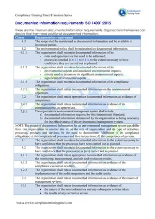 Compliance Training Panel-Transition Series
Visit us at www.compliancetrainingpanel.com
Documented Information requirements ISO 14001:2015
These are the minimum documented information requirements. Organizations themselves can
decide that they need additional documented information.
Clause Documentation requirement
4.3 The scope shall be maintained as documented information and be available to
interested parties.
5.2 The environmental policy shall be maintained as documented information.
6.1.1 The organization shall maintain documented information of its:
- risks and opportunities that need to be addressed;
- process(es) needed in 6.1.1 to 6.1.4, to the extent necessary to have
confidence they are carried out as planned.
6.1.2 The organization shall maintain documented information of its:
- environmental aspects and associated environmental impacts;
- criteria used to determine its significant environmental aspects;
- significant environmental aspects
6.1.3 The organization shall maintain documented information of its compliance
obligations.
6.2.1 The organization shall retain documented information on the environmental
objectives.
7.2 The organization shall retain appropriate documented information as evidence of
competence.
7.4.1 The organization shall retain documented information as evidence of its
communications, as appropriate.
7.5.1 The organization’s environmental management system shall include:
a) documented information required by this International Standard;
b) documented information determined by the organization as being necessary
for the effectiveness of the environmental management system.
NOTE The extent of documented information for an environmental management system can differ
from one organization to another due to: a) the size of organization and its type of activities,
processes, products and services; b) the need to demonstrate fulfillment of its compliance
obligations; c) the complexity of processes and their interactions; d) the competence of persons.
8.1 The organization shall maintain documented information to the extent necessary to
have confidence that the processes have been carried out as planned.
8.2 The organization shall maintain documented information to the extent necessary to
have confidence that the process(es) is (are) carried out as planned.
9.1.1 The organization shall retain appropriate documented information as evidence of
the monitoring, measurement, analysis and evaluation results.
9.1.2 The organization shall retain documented information as evidence of the
compliance evaluation result(s).
9.2.2 The organization shall retain documented information as evidence of the
implementation of the audit programme and the audit results.
9.3 The organization shall retain documented information as evidence of the results of
management reviews.
10.1 The organization shall retain documented information as evidence of:
 the nature of the nonconformities and any subsequent actions taken;
 the results of any corrective action.
 