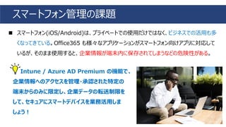 スマートフォン管理の課題
◼ スマートフォン(iOS/Android)は、プライベートでの使用だけではなく、ビジネスでの活用も多
くなってきている。Office365 も様々なアプリケーションがスマートフォン向けアプリに対応して
いるが、そのまま使用すると、企業情報が端末内に保存されてしまうなどの危険性がある。
Intune / Azure AD Premium の機能で、
企業情報へのアクセスを管理・承認された特定の
端末からのみに限定し、企業データの転送制限を
して、セキュアにスマートデバイスを業務活用しま
しょう！
 