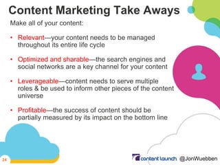Content Marketing Take Aways
Make all of your content:
• Relevant—your content needs to be managed
throughout its entire l...
