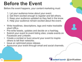 Before the Event
Before the event happens, your content marketing must:
1. Let your audience know about your event.
2. Get...