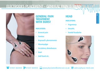 17
GENERAL PAIN
TREATMENT
WITH BURST
INDICATIONS:
• General pain
• Tinnitus
• Raynaud’s phenomenon
• Fibromyalgie
• Circulatory disturbances
• Gout
• Cold hand etc.
HEAD
INDICATIONS:
• Trigeminus
• Sinusitis
• Frontal headache
ELECTRODES PLACEMENT - GENERAL PAIN & HEAD
TENS Therapy A Practical Guide
01457 860444 01457 860555 www.physiomedhomecare.co.uk sales@physio-med.com
 