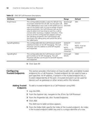 54      CHAPTER 4: CONFIGURING THE CALL PROCESSOR



Table 22 EMS SIP Call Processor Descriptions

Attribute                  Description                                           Range          Default
RingTimeout                This configurable provides a value for default ring 60 through       300
                           no answer treatment for all calls. For any given call, 3600
                           if the called party is not a user on the system (or is a (seconds)
                           user on the system with no ring no answer timeout
                           value provisioned), the Call Processor will use this
                           value to determine how long to wait for a call to
                           connect after receiving a ringback indication. If the
                           amount of time configured here elapses without
                           the call being answered, the Call Processor will
                           disconnect the calling party and cancel the call to
                           the called party.
SignallingAddress          This configurable tells the Call Processor what IP    dotted IP      0.0.0.0
                           interface to listen on for SIP messaging. The Call    string
                                                                                                NOTE: must be
                           Processor uses this address to send SIP requests
                                                                                 NOTE:          configured
                           and responses.
                                                                                 maximum 15
                                                                                 characters
SignallingPort             This configurable tells the Call Processor what IP     0 through     5060
                           port to listen on for SIP messaging. The Call          65535
                           Processor will also use this port to send SIP requests
                           and responses.

                          5 Click Save All.


Configuring                   This section provides information on how to add, edit, and delete trusted
Trusted Endpoints             endpoints for a Call Processor. Trusted endpoint do not need to have a
                              port specified. An IP address, if present in the trusted endpoint list, is
                              trusted independently of the port. A trusted end point can be used for
                              devices such as gateways or other servers within the network.

       Adding Trusted         To add a trusted endpoint to a Call Processor using EMS:
           Endpoints
                          1 Log into EMS.
                          2 From the Explorer tab, navigate to the 3Com Sip Call Processor.
                          3 From the Properties tab, click Trusted Endpoints.
                          4 Click Add.
                              The Add row to table window appears.
                          5 From the Index field, specify the index of the trusted endpoint. An index
                            is the trusted endpoint table’s key and is a unique identifier of a row.
 