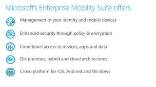 Microsoft’s Enterprise Mobility Suite offers
Management of your identity and mobile devices
Enhanced security through policy & encryption
Cross-platform for iOS, Android and Windows
Conditional access to devices, apps and data
On-premises, hybrid and cloud architectures
 
