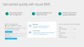 Get started quickly with Azure RMS
Simple wizard driven
template definition
Get started quickly
with a single click1
Manage templates and
create with ease2 3
 
