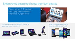 Current Microsoft IT standards
and buying tools available to
employees at //getdevices
Empowering people to choose their own devices
“I buy the smartphone and other
personal mobile devices I want”
“I choose the PC I want and order it through an
approved procurement channel”
 