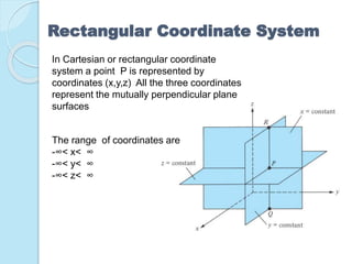 Rectangular Coordinate System
In Cartesian or rectangular coordinate
system a point P is represented by
coordinates (x,y,z) All the three coordinates
represent the mutually perpendicular plane
surfaces
The range of coordinates are
-∞< x< ∞
-∞< y< ∞
-∞< z< ∞
 