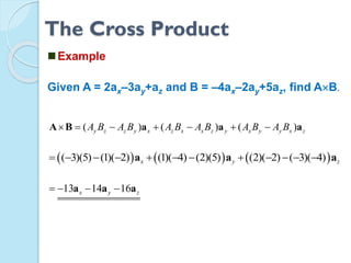 The Cross Product
Example
Given A = 2ax–3ay+az and B = –4ax–2ay+5az, find AB.
( ) ( ) ( )y z z y x z x x z y x y y x zA B A B A B A B A B A B      A B a a a
     ( 3)(5) (1)( 2) (1)( 4) (2)(5) (2)( 2) ( 3)( 4)x y z           a a a
13 14 16x y z   a a a
 
