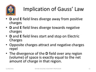 Implication of Gauss’ Law
• D and E field lines diverge away from positive
charges
• D and E field lines diverge towards negative
charges
• D and E field lines start and stop on Electric
Charges
• Opposite charges attract and negative charges
repel
• The divergence of the D field over any region
(volume) of space is exactly equal to the net
amount of charge in that region.
12/30/2016 DR MD KALEEM/ ASSISTANT PROFESSOR 12
 