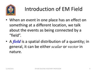 Introduction of EM Field
• When an event in one place has an effect on
something at a different location, we talk
about the events as being connected by a
“field”.
• A field is a spatial distribution of a quantity; in
general, it can be either scalar or vector in
nature.
12/30/2016 DR MD KALEEM/ ASSISTANT PROFESSOR 9
 