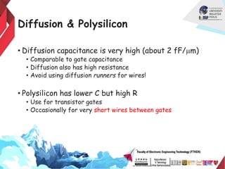 Diffusion & Polysilicon
• Diffusion capacitance is very high (about 2 fF/mm)
• Comparable to gate capacitance
• Diffusion also has high resistance
• Avoid using diffusion runners for wires!
• Polysilicon has lower C but high R
• Use for transistor gates
• Occasionally for very short wires between gates
 