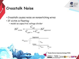 Crosstalk Noise
• Crosstalk causes noise on nonswitching wires
• If victim is floating:
• model as capacitive voltage divider
Cadj
Cgnd-v
Aggressor
Victim
DVaggressor
DVvictim
adj
victim aggressor
gnd v adj
C
V V
C C

D  D

 