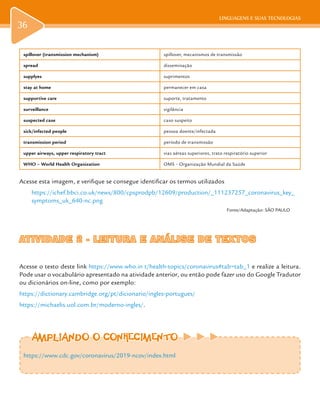 LINGUAGENS E SUAS TECNOLOGIAS
36
spillover (transmission mechanism) spillover, mecanismos de transmissão
spread disseminação
supplyes suprimentos
stay at home permanecer em casa
supportive care suporte, tratamento
surveillance vigilância
suspected case caso suspeito
sick/infected people pessoa doente/infectada
transmission period período de transmissão
upper airways, upper respiratory tract vias aéreas superiores, trato respiratório superior
WHO – World Health Organization OMS – Organização Mundial da Saúde
Acesse esta imagem, e verifique se consegue identificar os termos utilizados
https://ichef.bbci.co.uk/news/800/cpsprodpb/12609/production/_111237257_coronavirus_key_
symptoms_uk_640-nc.png
Fonte/Adaptação: SÃO PAULO
ATIVIDADE 2 - LEITURA E ANÁLISE DE TEXTOSATIVIDADE 2 - LEITURA E ANÁLISE DE TEXTOS
Acesse o texto deste link https://www.who.in t/health-topics/coronavirus#tab=tab_1 e realize a leitura.
Pode usar o vocabulário apresentado na atividade anterior, ou então pode fazer uso do Google Tradutor
ou dicionários on-line, como por exemplo:
https://dictionary.cambridge.org/pt/dicionario/ingles-portugues/
https://michaelis.uol.com.br/moderno-ingles/.
https://www.cdc.gov/coronavirus/2019-ncov/index.html
AMPLIANDO O CONHECIMENTOAMPLIANDO O CONHECIMENTO
 