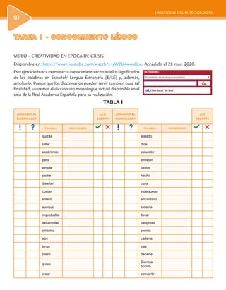 LINGUAGENS E SUAS TECNOLOGIAS
40
TAREA 1 - CONOCIMIENTO LÉXICOTAREA 1 - CONOCIMIENTO LÉXICO
VIDEO – CREATIVIDAD EN ÉPOCA DE CRISIS
Disponible en: https://www.youtube.com/watch?v=yWPU4wwsXzw. Accedido el 28 mar. 2020.
Esteejerciciobuscaexaminartuconocimientoacercadelossignificados
de las palabras en Español/ Lengua Extranjera (E/LE) y, además,
ampliarlo. Puesto que los diccionarios pueden servir también para tal
finalidad, usaremos el diccionario monolingüe virtual disponible en el
sitio de la Real Academia Española para su realización.
TABLA I
¿CONOZCO EL
SIGNIFICADO?
¿LO
ACERTÉ?
¿CONOZCO EL
SIGNIFICADO?
¿LO
ACERTÉ?
PALABRA SIGNIFICADO PALABRA SIGNIFICADO
quizás aislado
tallar dice
excéntrico polución
pero emisión
simple tardar
padre hecho
diseñar cuna
costar videojuego
entero encantado
aunque todavía
improbable llevar
desarrollar peligroso
síntoma pronto
aún cadena
largo tras
plazo decena
quiso
Ciencia
ficción
crear convertir
 