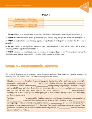 LÍNGUA ESPANHOLA – ENSINO MÉDIO
41
TABLA II
SIGNIFICADOS CONOCIDOS
SIGNIFICADOS DESCONOCIDOS
SIGNIFICADOS CORRECTOS
SIGNIFICADOS INCORRECTOS
1º PASO - Marca, a la izquierda de la columna PALABRA, si conoces o no su significado (tabla I);
2º PASO - Cuenta el número de las que conoces y de las que no y, enseguida, escríbelos en la tabla II.
3º PASO - Accede el sitio www.rae.es y registra el significado de cada palabra a la derecha de la lista en
la tabla I;
4º PASO - Verifica si los significados encontrados corresponden a tu idea inicial, marca los aciertos y
errores y, al final, regístralos en la tabla II.
5º PASO - Analiza tus resultados para ver cómo anda tu aprendizaje y, por fin, intenta memorizar los
significados de las que no conocías y también de las en que te equivocaste.
TAREA 2 – COMPRENSIÓN AUDITIVATAREA 2 – COMPRENSIÓN AUDITIVA
Del texto de la grabación, transcripto abajo, le fueron quitadas diez palabras. Escucha tres veces la
noticia y llena los huecos con la palabra faltante para darle sentido.
Quizás ____________ le tallen de excéntrico, pero Cao Junjie prefiere definirse como un simple
padre preocupado por la ____________ de su bebé. “Diseñar e innovar son mis hobbies; me costó
un mes entero diseñar esta especie de ____________ de seguridad para proteger a mi bebé”. Aunque
es improbable que los bebés desarrollen los síntomas más ____________ del coronavirus, aún se
desconoce su efecto a largo plazo; por eso Cao quiso crear este ____________ completamente
aislado para su niño. Dice que sus filtros protegen al bebé también de la polución y las emisiones
de dióxido de carbono.
Tardó un ____________ en construirlo. Está hecho con una cuna de gato e inspirado en un videojuego
de ____________. Su esposa está encantada con el resultado: “Todavía es muy ____________
como para poder llevar una máscara; podría afectar su ____________, así que sería peligroso. Pero
creo que su invento es muy seguro”. Y el diseño de Cao pronto podría producirse en cadena. Tras
publicarlo en internet, ha recibido decenas de ofertas para que su ____________ de Ciencia ficción
se convierta en una realidad.
 