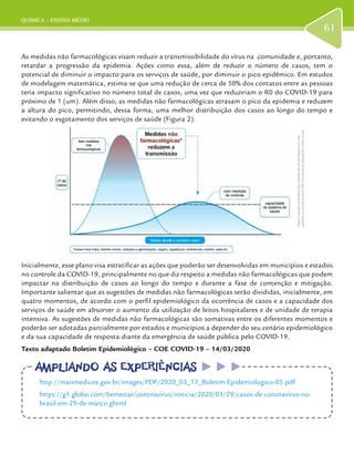 QUÍMICA – ENSINO MÉDIO
61
As medidas não farmacológicas visam reduzir a transmissibilidade do vírus na comunidade e, portanto,
retardar a progressão da epidemia. Ações como essa, além de reduzir o número de casos, tem o
potencial de diminuir o impacto para os serviços de saúde, por diminuir o pico epidêmico. Em estudos
de modelagem matemática, estima-se que uma redução de cerca de 50% dos contatos entre as pessoas
teria impacto significativo no número total de casos, uma vez que reduziriam o R0 do COVID-19 para
próximo de 1 (um). Além disso, as medidas não farmacológicas atrasam o pico da epidemia e reduzem
a altura do pico, permitindo, dessa forma, uma melhor distribuição dos casos ao longo do tempo e
evitando o esgotamento dos serviços de saúde (Figura 2).
Inicialmente, esse plano visa estratificar as ações que poderão ser desenvolvidas em municípios e estados
no controle da COVID-19, principalmente no que diz respeito a medidas não farmacológicas que podem
impactar na distribuição de casos ao longo do tempo e durante a fase de contenção e mitigação.
Importante salientar que as sugestões de medidas não farmacológicas serão divididas, inicialmente, em
quatro momentos, de acordo com o perfil epidemiológico da ocorrência de casos e a capacidade dos
serviços de saúde em absorver o aumento da utilização de leitos hospitalares e de unidade de terapia
intensiva. As sugestões de medidas não farmacológicas são somativas entre os diferentes momentos e
poderão ser adotadas parcialmente por estados e municípios a depender do seu cenário epidemiológico
e da sua capacidade de resposta diante da emergência de saúde pública pelo COVID-19.
Texto adaptado Boletim Epidemiológico – COE COVID-19 – 14/03/2020
Figura2Impactopretendidodasmedidasnãofarmacológicasemuma
epidemiaoupandemiadeCOVID-19atravésdareduçãodecontatosocial
AMPLIANDO AS EXPERIÊNCIASAMPLIANDO AS EXPERIÊNCIAS
http://maismedicos.gov.br/images/PDF/2020_03_13_Boletim-Epidemiologico-05.pdf
https://g1.globo.com/bemestar/coronavirus/noticia/2020/03/29/casos-de-coronavirus-no-
brasil-em-29-de-marco.ghtml
 