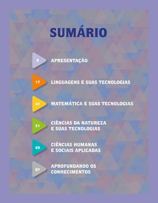 SUMÁRIO
17 LINGUAGENS E SUAS TECNOLOGIAS
9 APRESENTAÇÃO
47 MATEMÁTICA E SUAS TECNOLOGIAS
51
CIÊNCIAS DA NATUREZA
E SUAS TECNOLOGIAS
69
CIÊNCIAS HUMANAS
E SOCIAIS APLICADAS
87
APROFUNDANDO OS
CONHECIMENTOS
 