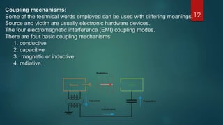 12
Coupling mechanisms:
Some of the technical words employed can be used with differing meanings.
Source and victim are usually electronic hardware devices.
The four electromagnetic interference (EMI) coupling modes.
There are four basic coupling mechanisms:
1. conductive
2. capacitive
3. magnetic or inductive
4. radiative
 