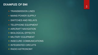  TRANSMISSION LINES
 MAINS POWER SUPPLY
 SWITCHES AND RELAYS
 TELEPHONE EQUIPMENT
 AIRCRAFT NAVIGATION
 BIOLOGICAL EFFECTS
 MILITARY EQUIPMENT
 INSECURE COMMUNICATIONS
 INTEGRATED CIRCUITS
 RADIO ASTRONOMY
EXAMPLES OF EMI
5
 
