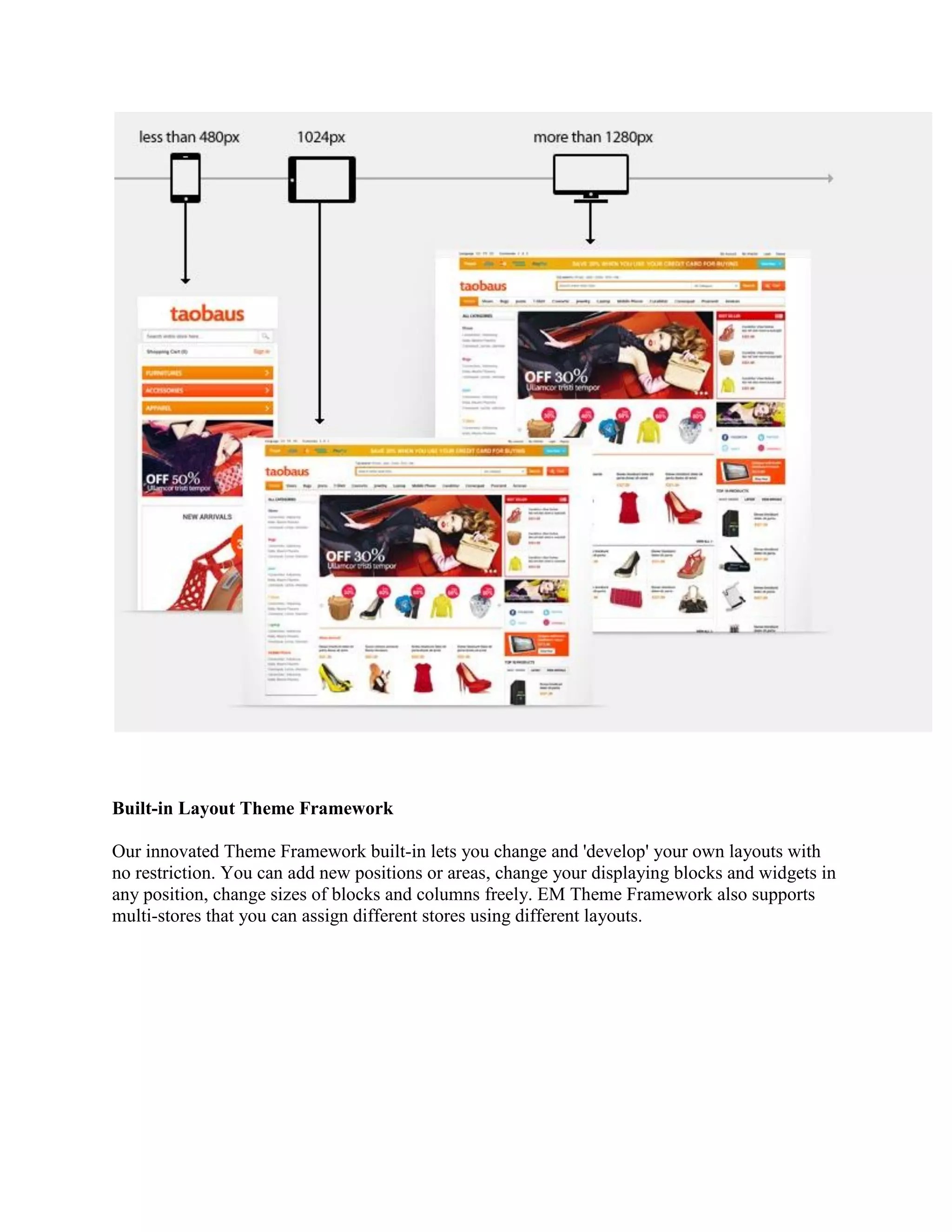 Built-in Layout Theme Framework
Our innovated Theme Framework built-in lets you change and 'develop' your own layouts with
no restriction. You can add new positions or areas, change your displaying blocks and widgets in
any position, change sizes of blocks and columns freely. EM Theme Framework also supports
multi-stores that you can assign different stores using different layouts.
 