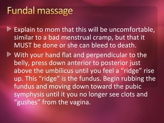 Explain to mom that this will be uncomfortable,
similar to a bad menstrual cramp, but that it
MUST be done or she can bleed to death.
With your hand flat and perpendicular to the
belly, press down anterior to posterior just
above the umbilicus until you feel a “ridge” rise
up. This “ridge” is the fundus. Begin rubbing the
fundus and moving down toward the pubic
symphysis until it you no longer see clots and
“gushes” from the vagina.
 