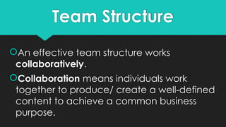 Team Structure
An effective team structure works
collaboratively.
Collaboration means individuals work
together to produce/ create a well-defined
content to achieve a common business
purpose.
 