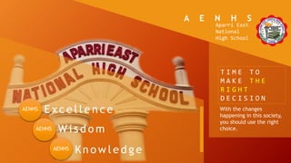 A E N H S
Aparri East
National
High School
T I M E T O
M A K E T H E
R I G H T
D E C I S I O N
With the changes
happening in this society,
you should use the right
choice.
E x c e l l e n c eAENHS
W i s d o m
Kn o w l e d g eAENHS
AENHS
 