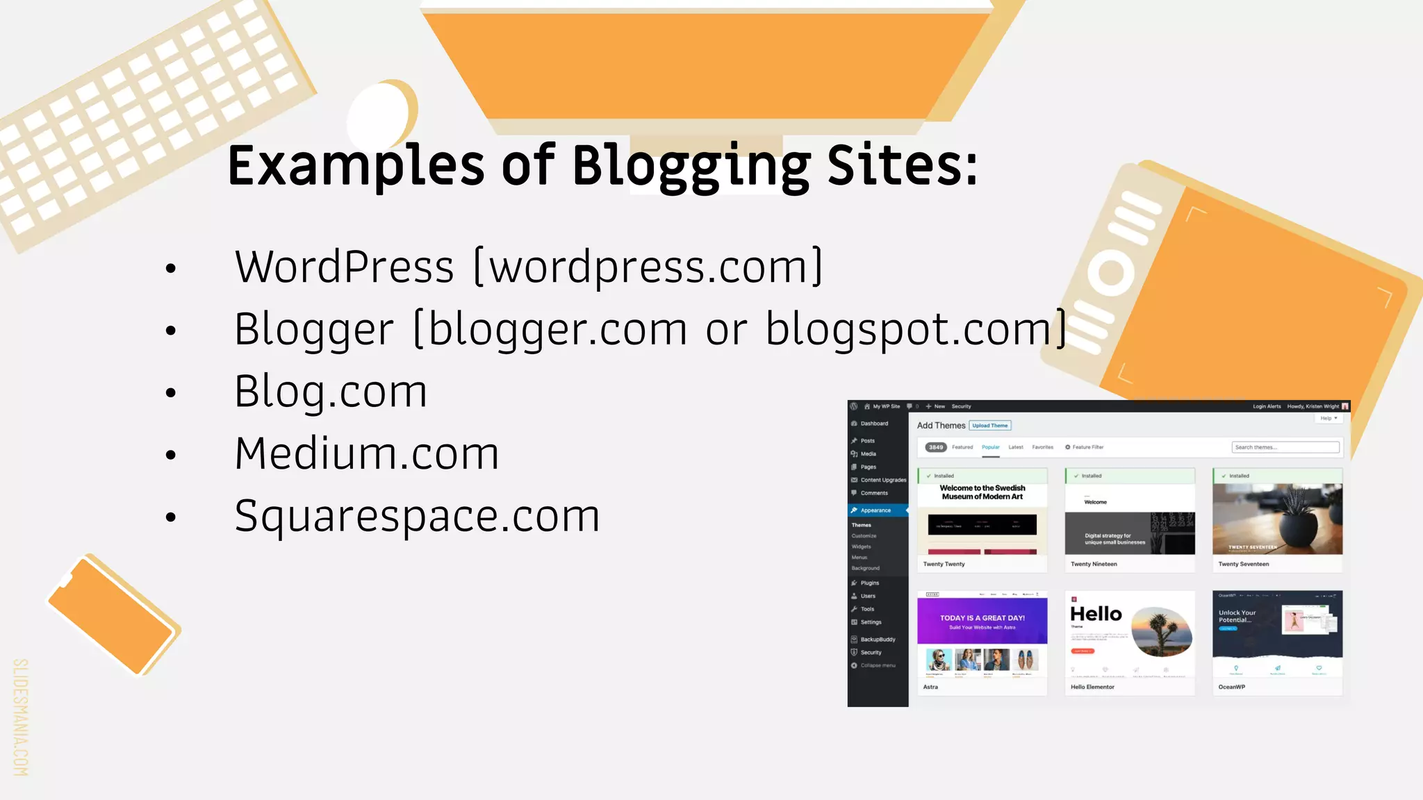 SLIDESMANIA.COM
SLIDESMANIA.COM
Examples of Blogging Sites:
• WordPress (wordpress.com)
• Blogger (blogger.com or blogspot.com)
• Blog.com
• Medium.com
• Squarespace.com
 