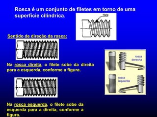 Sentido de direção da rosca:
Na rosca direita, o filete sobe da direita
para a esquerda, conforme a figura.
Na rosca esquerda, o filete sobe da
esquerda para a direita, conforme a
figura.
Rosca é um conjunto de filetes em torno de uma
superfície cilíndrica.
 