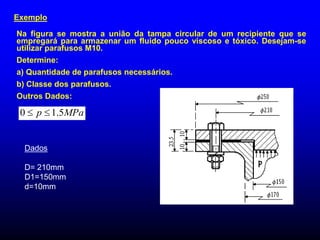 Exemplo
Na figura se mostra a união da tampa circular de um recipiente que se
empregará para armazenar um fluido pouco viscoso e tóxico. Desejam-se
utilizar parafusos M10.
Determine:
a) Quantidade de parafusos necessários.
b) Classe dos parafusos.
Outros Dados:
MPa
p 5
.
1
0 

Dados
D= 210mm
D1=150mm
d=10mm
 