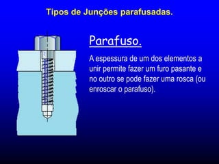 Parafuso.
A espessura de um dos elementos a
unir permite fazer um furo pasante e
no outro se pode fazer uma rosca (ou
enroscar o parafuso).
Tipos de Junções parafusadas.
 