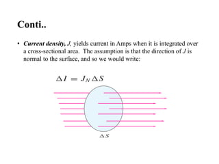 Conti..
• Current density, J, yields current in Amps when it is integrated over
a cross-sectional area. The assumption is that the direction of J is
normal to the surface, and so we would write:
 