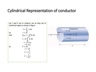 Cylindrical Representation of conductor
Let J and E are in uniform, are as they are in
cylindrical region as shown in figure
𝐼 =
𝑆
𝐽. 𝑑𝑠
So 𝐼 = 𝐽𝑆
And 𝑉𝑎𝑏 = − 𝑏
𝑎
𝐸. 𝑑𝐿
= −𝐸
𝑏
𝑎
𝐸. 𝑑𝐿
= −𝐸. 𝐿 𝑏𝑎
= 𝐸. 𝐿 𝑎𝑏
As 𝑉 = 𝐸𝐿
𝐽 = 𝜎𝐸
𝐽 = 𝜎
𝑉
𝐿
𝑉 =
𝐿
𝜎𝑆
𝐼
 