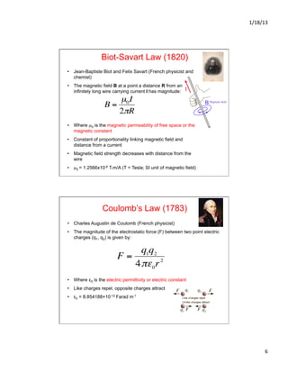 1/18/13	
  
6	
  
Biot-Savart Law (1820)
•  Jean-Baptiste Biot and Felix Savart (French physicist and
chemist)
•  The magnetic field B at a point a distance R from an
infinitely long wire carrying current I has magnitude:
•  Where µ0 is the magnetic permeability of free space or the
magnetic constant
•  Constant of proportionality linking magnetic field and
distance from a current
•  Magnetic field strength decreases with distance from the
wire
•  µ0 = 1.2566x10-6 T.m/A (T = Tesla; SI unit of magnetic field)
€
B =
µ0I
2πR
Coulomb’s Law (1783)
•  Charles Augustin de Coulomb (French physicist)
•  The magnitude of the electrostatic force (F) between two point electric
charges (q1, q2) is given by:
•  Where ε0 is the electric permittivity or electric constant
•  Like charges repel, opposite charges attract
•  ε0 = 8.854188×10-12 Farad m-1
€
F =
q1q2
4πε0r2
 