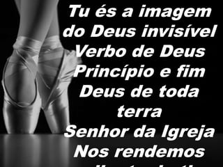 Tu és a imagem 
do Deus invisível 
Verbo de Deus 
Princípio e fim 
Deus de toda 
terra 
Senhor da Igreja 
Nos rendemos 
diante de ti 
 