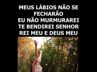 MEUS LÁBIOS NÃO SE
FECHARÃO
EU NÃO MURMURAREI
TE BENDIREI SENHOR
REI MEU E DEUS MEU
 