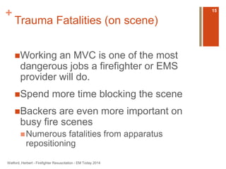 + 
Trauma Fatalities (on scene) 
Working an MVC is one of the most 
dangerous jobs a firefighter or EMS 
provider will do. 
Spend more time blocking the scene 
Backers are even more important on 
busy fire scenes 
Numerous fatalities from apparatus 
repositioning 
Watford, Herbert - Firefighter Resuscitation - EM Today 2014 
15 
 