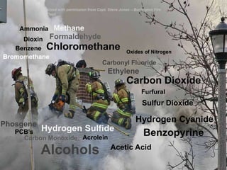 Used with permission from Capt. Steve Jones – Burlington Fire 
Dept 
Ammonia Methane 
Dioxin 
Benzene 
Chloromethane 
Bromomethane 
Oxides of Nitrogen 
Carbonyl Fluoride 
Furfural 
Sulfur Dioxide 
Formaldehyde 
Phosgene 
Ethylene 
Carbon Dioxide 
Hydrogen Sulfide PCB’s 
Acrolein 
Carbon Monoxide 
Hydrogen Cyanide 
Benzopyrine 
Alcohols Acetic Acid 
 