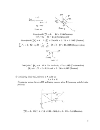 3
From joint B, ∑𝐹
𝑥 = 0; BC = 8 kN (Tension)
∑𝐹
𝑦 = 0; 𝐵𝐺 = 2 𝑘𝑁 (Compression)
From joint G, ∑ 𝐹
𝑦
′
= 0; 2
2
5
− CG sin 2𝜃 = 0; CG = 2.24 kN (Tension)
𝐹𝑥′ = 0; 2.24 cos 2𝜃 +
2
5
+
4
5
− GF = 0; GF = 11.18 kN (Compression)
From joint C, ∑𝐹
𝑦 = 0; CF − 2.24 sin 𝜃 = 0; CF = 1.0 kN (Compreesion)
∑𝐹𝑥 = 0; 𝐶𝐷 − 2 − 2.24 cos 𝜃 = 0; 𝐶𝐷 = 4.0 kN (Tension)
(4) Considering entire truss, reactions at A and B are
A = B = 3𝐿
Considering section between ED, and taking moment about D (assuming anti-clockwise
positive)
∑𝑀𝐷 = 0; FG 1 + 𝐿 1.2 + 2.4 − 3𝐿 2.4 = 0; FG = 3.6𝐿 (Tension)
 