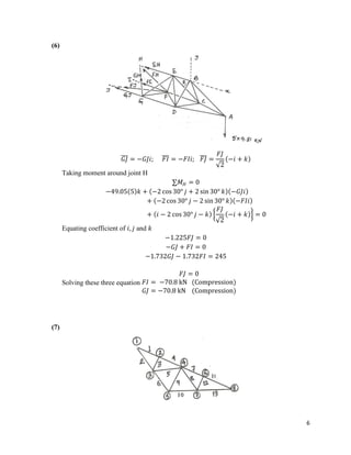 6
(6)
𝐺𝐽 = −𝐺𝐽𝑖; 𝐹𝐼 = −𝐹𝐼𝑖; 𝐹𝐽 =
𝐹𝐽
2
−𝑖 + 𝑘
Taking moment around joint H
∑𝑀𝐻 = 0
−49.05 5 𝑘 + −2 cos 30° 𝑗 + 2 sin 30° 𝑘 −𝐺𝐽𝑖
+ −2 cos 30° 𝑗 − 2 sin 30° 𝑘 −𝐹𝐼𝑖
+ 𝑖 − 2 cos 30° 𝑗 − 𝑘
𝐹𝐽
2
−𝑖 + 𝑘 = 0
Equating coefficient of 𝑖, 𝑗 and 𝑘
−1.225𝐹𝐽 = 0
−𝐺𝐽 + 𝐹𝐼 = 0
−1.732𝐺𝐽 − 1.732𝐹𝐼 = 245
Solving these three equation
𝐹𝐽 = 0
𝐹𝐼 = −70.8 kN (Compression)
𝐺𝐽 = −70.8 kN (Compression)
(7)
GH
 